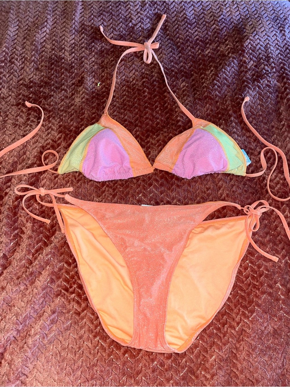 OP Triangle Bikini Set - Peach with Pastel Panels. Bottoms size XL Top size L.